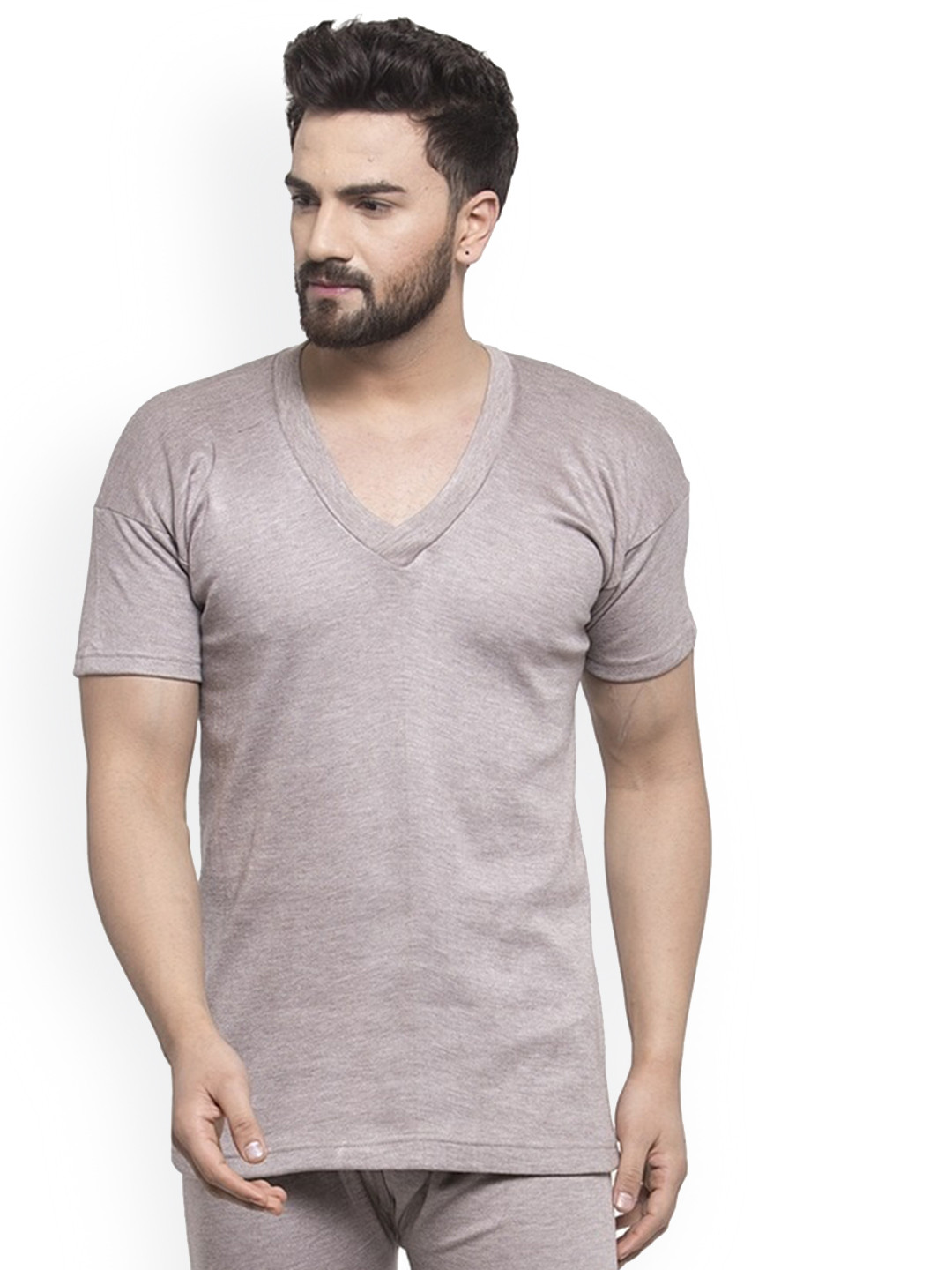

UZARUS V-Neck Short Sleeves Cotton Thermal Top, Camel brown