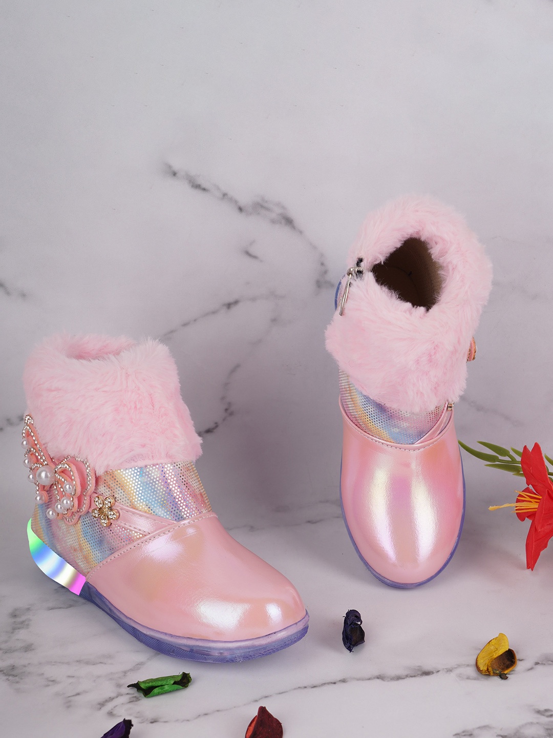 

BAESD Girls Mid Top Embellished Faux Fur Trim Winter Boots With LED Lights, Pink
