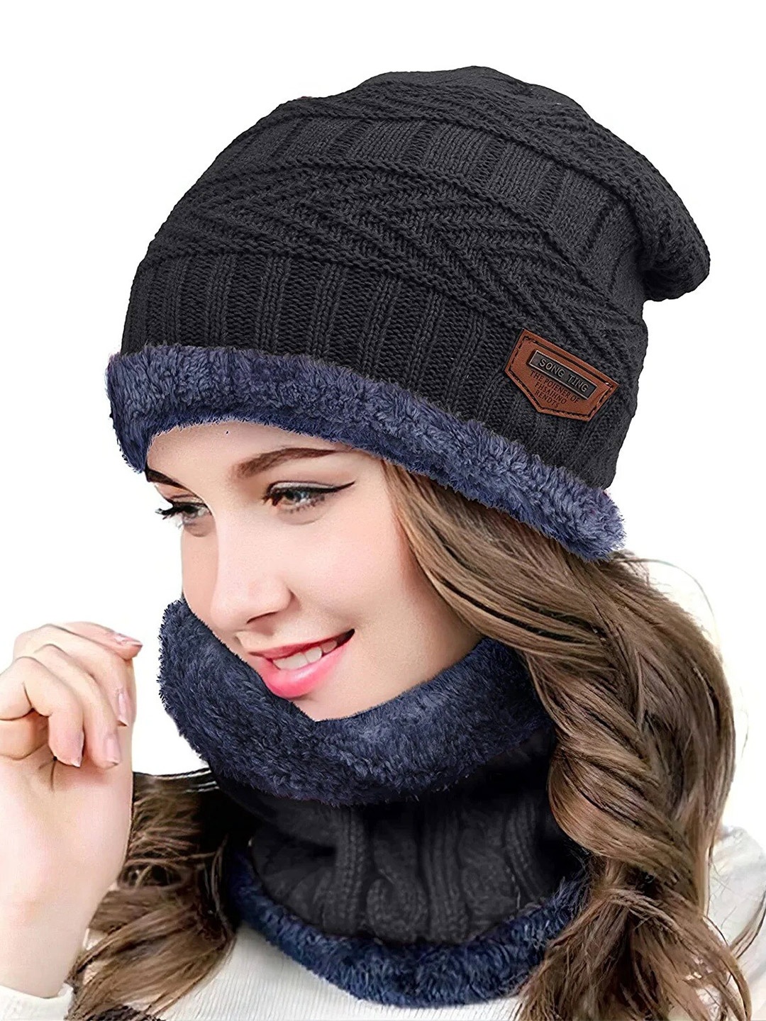 

Alexvyan Women Self Design Acrylic Beanie Cap & Scarf, Black