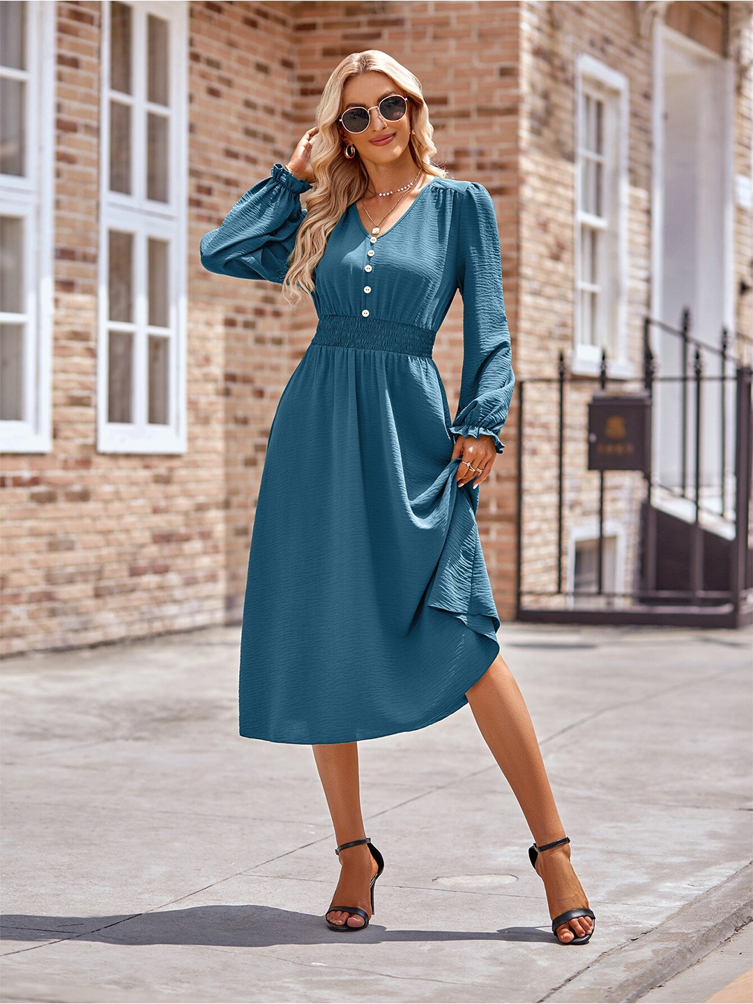

StyleCast Blue V-Neck Smocked A-Line Midi Dress