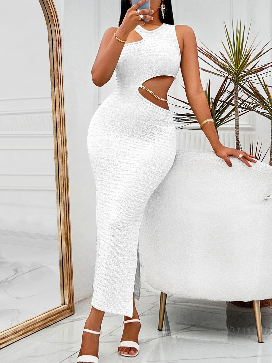 

StyleCast White Self Design Cut-Out Detailed Bodycon Midi Dress