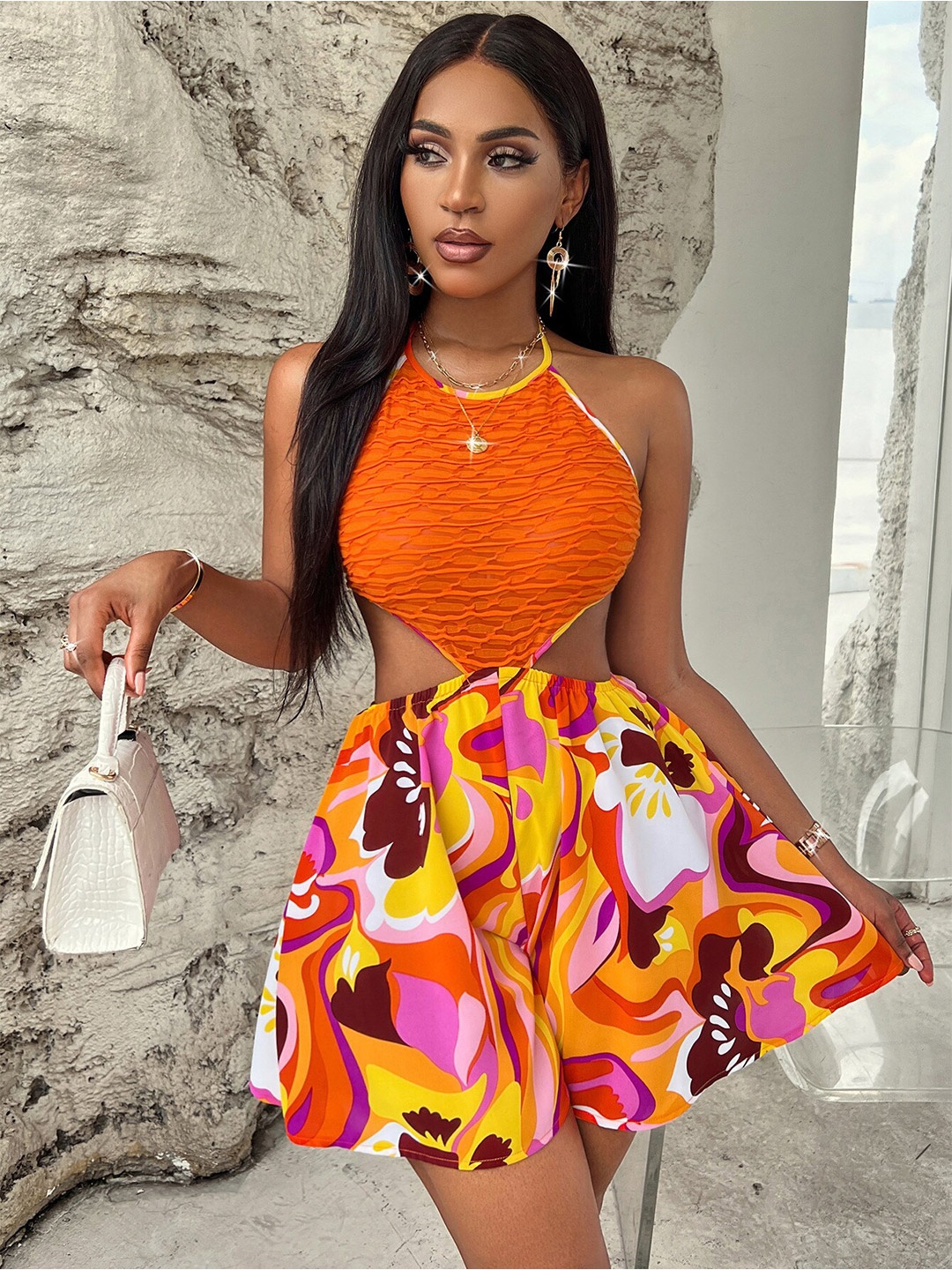 

StyleCast Orange-Coloured Floral Printed Halter Neck Cut-Out Detailed Playsuit