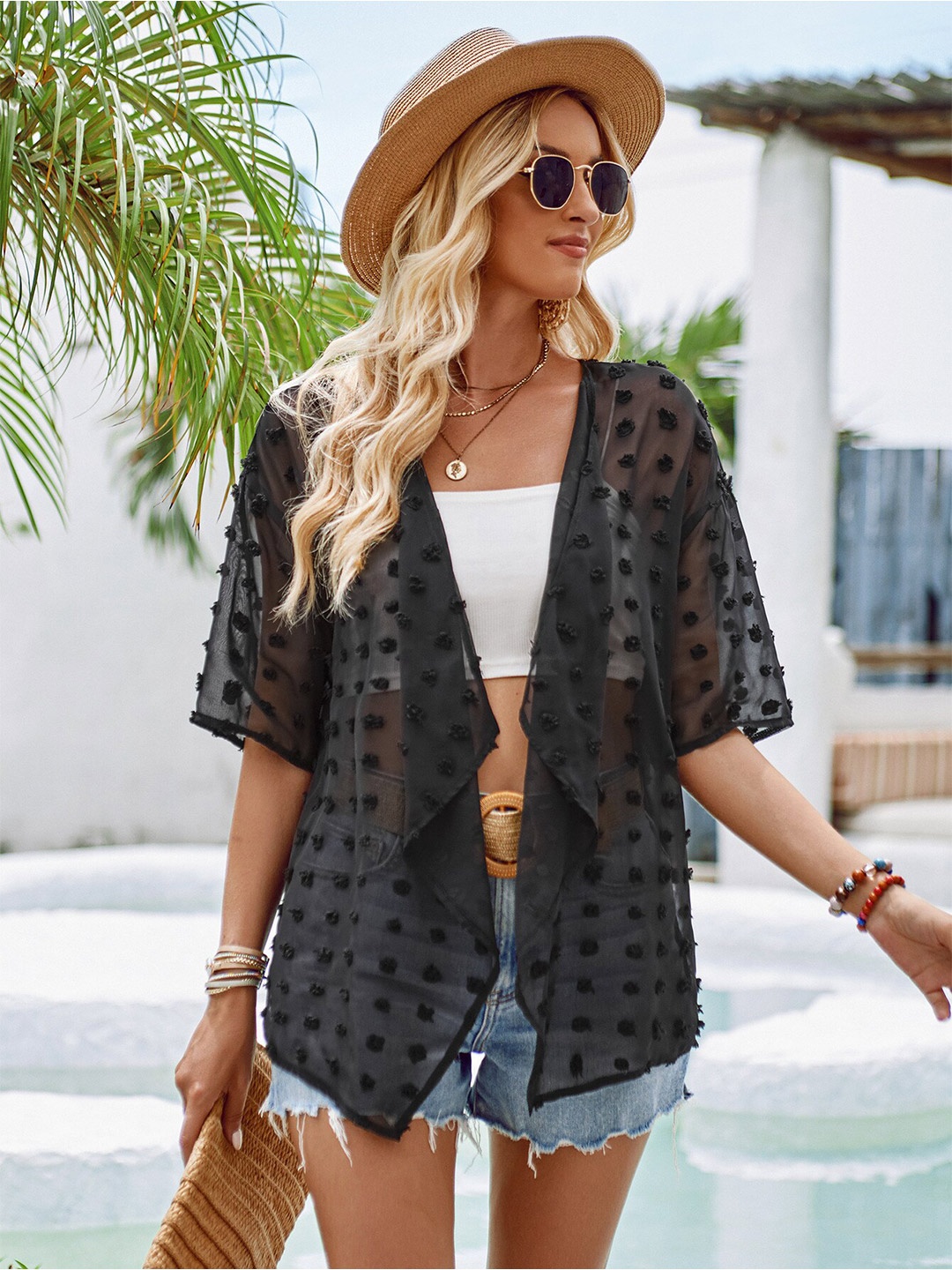 

StyleCast Black Self Design Open Front Shrug