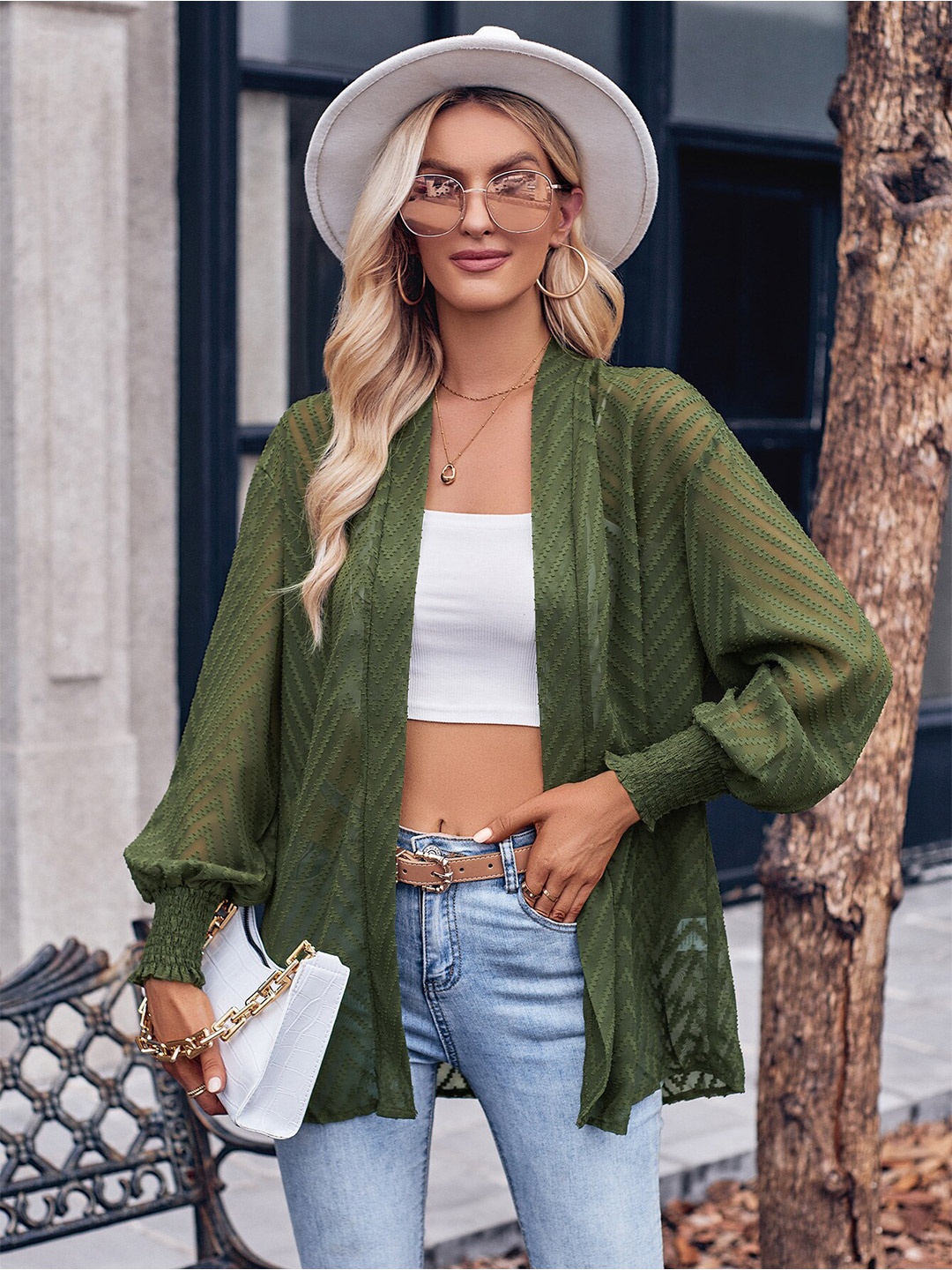 

StyleCast Green Self Design Open Front Shrug
