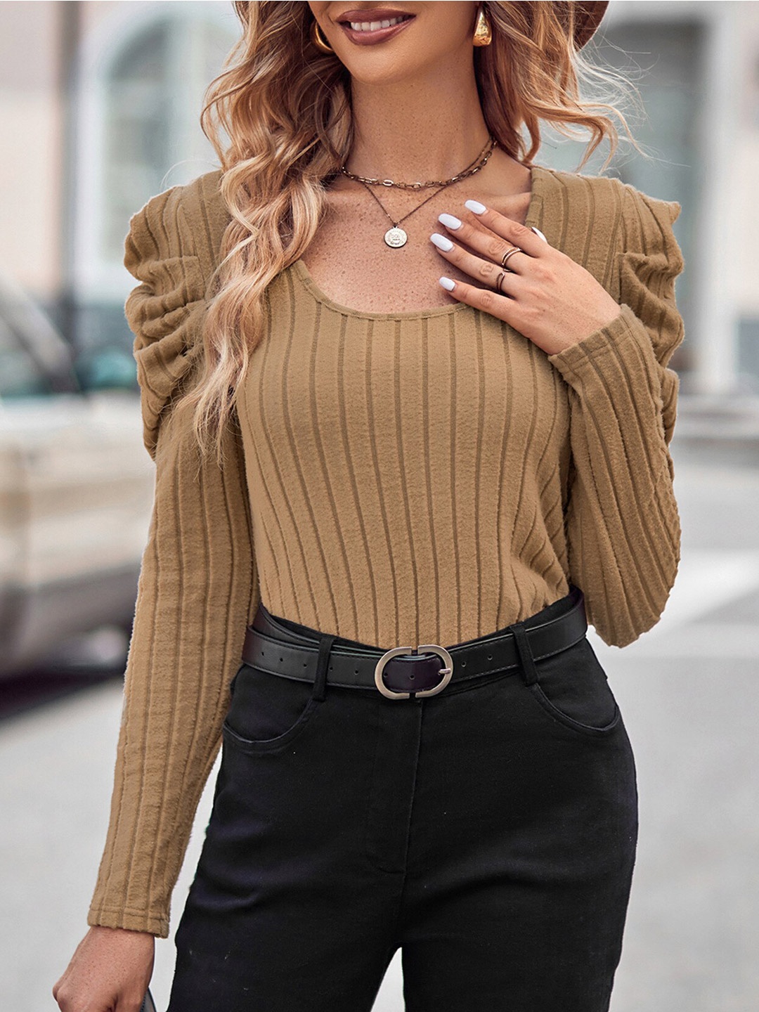 

StyleCast Coffee Brown Striped Puff Sleeves Top