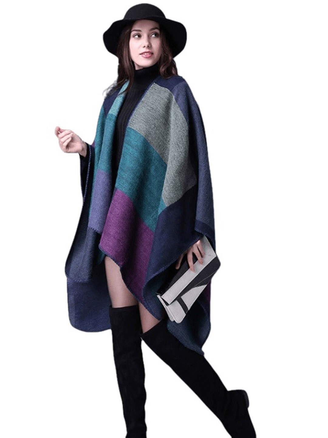 

Alexvyan Checked High Low Acrylic Open Front Longline Shrug, Blue