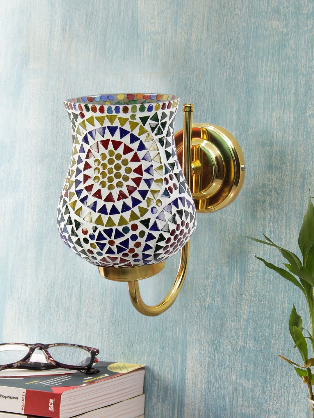 Devansh White & Gold-Toned Textured Contemporary Metal Bell Wall Lamp, Blue