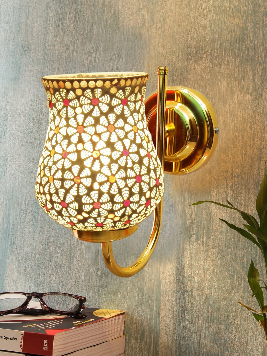 

Devansh White & Gold Toned Textured Mosiac Glass Wall Lamp