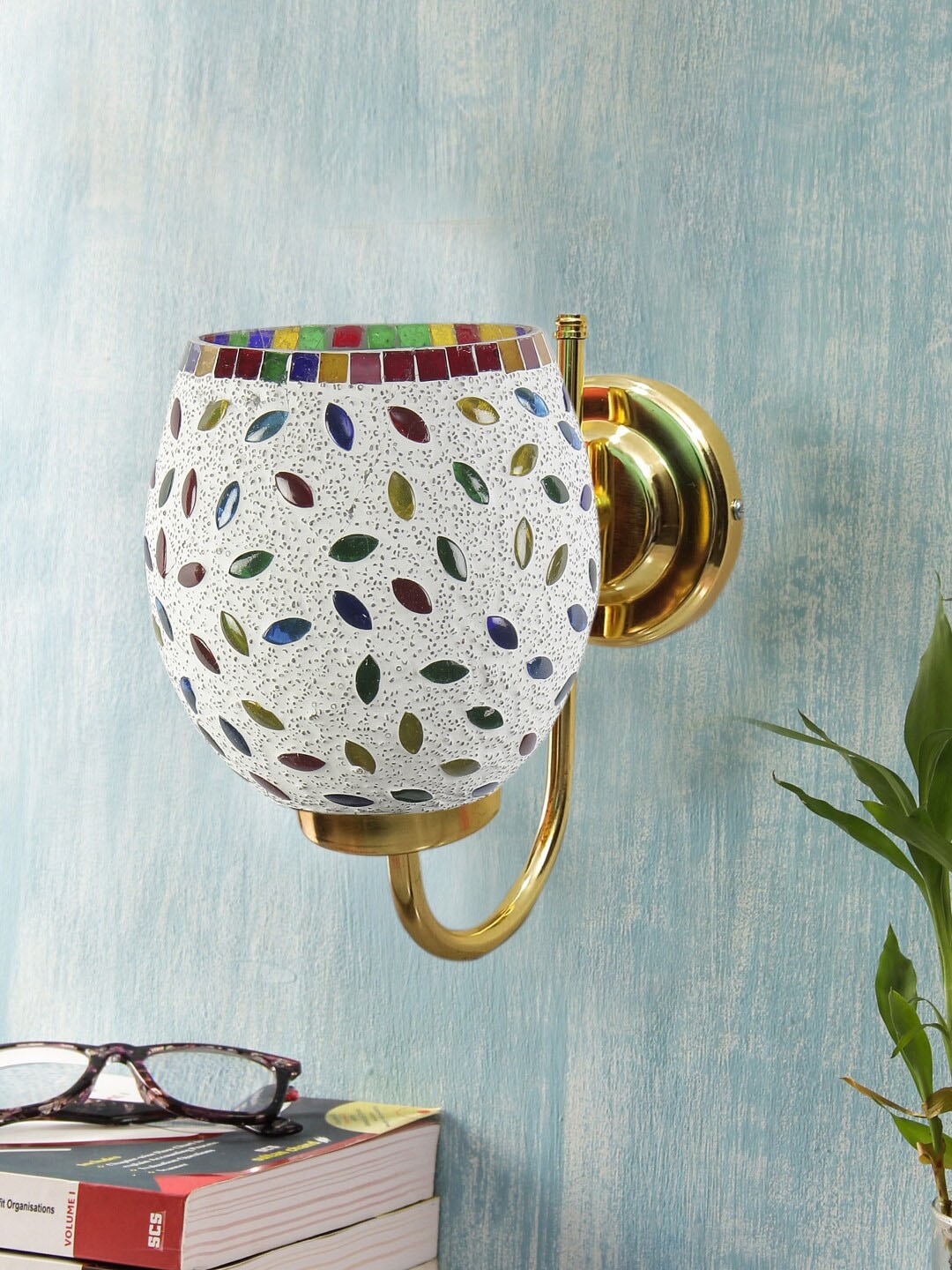 

Devansh White & Gold Toned Textured Mosiac Glass Wall Lamp
