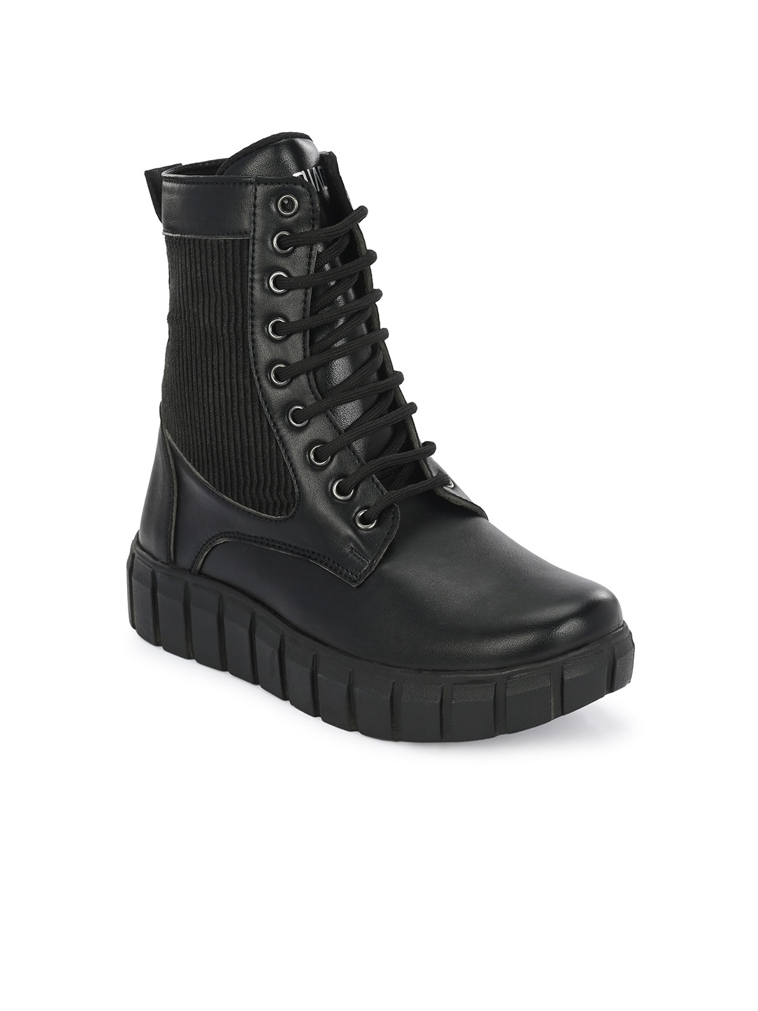 

AfroJack Women Mid Top Textured Flatform -Heel Chunky Boots, Black
