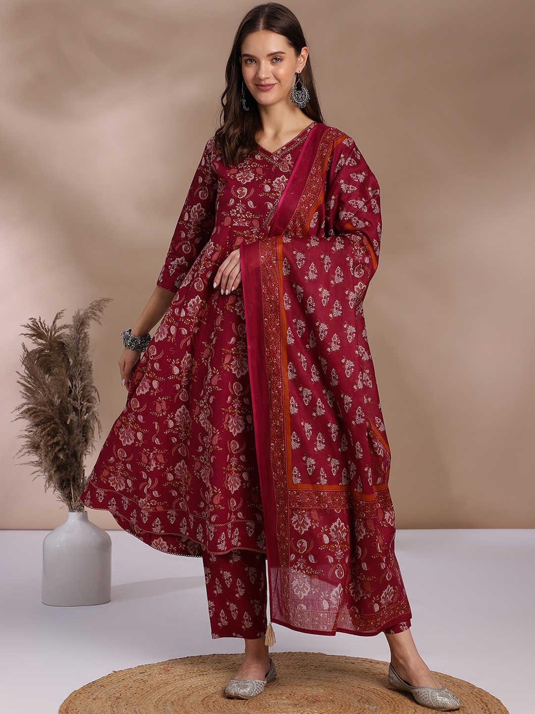 

Anouk Maroon Printed Beaded Angrakha Anarkali Pure Cotton Kurta with Trousers & Dupatta