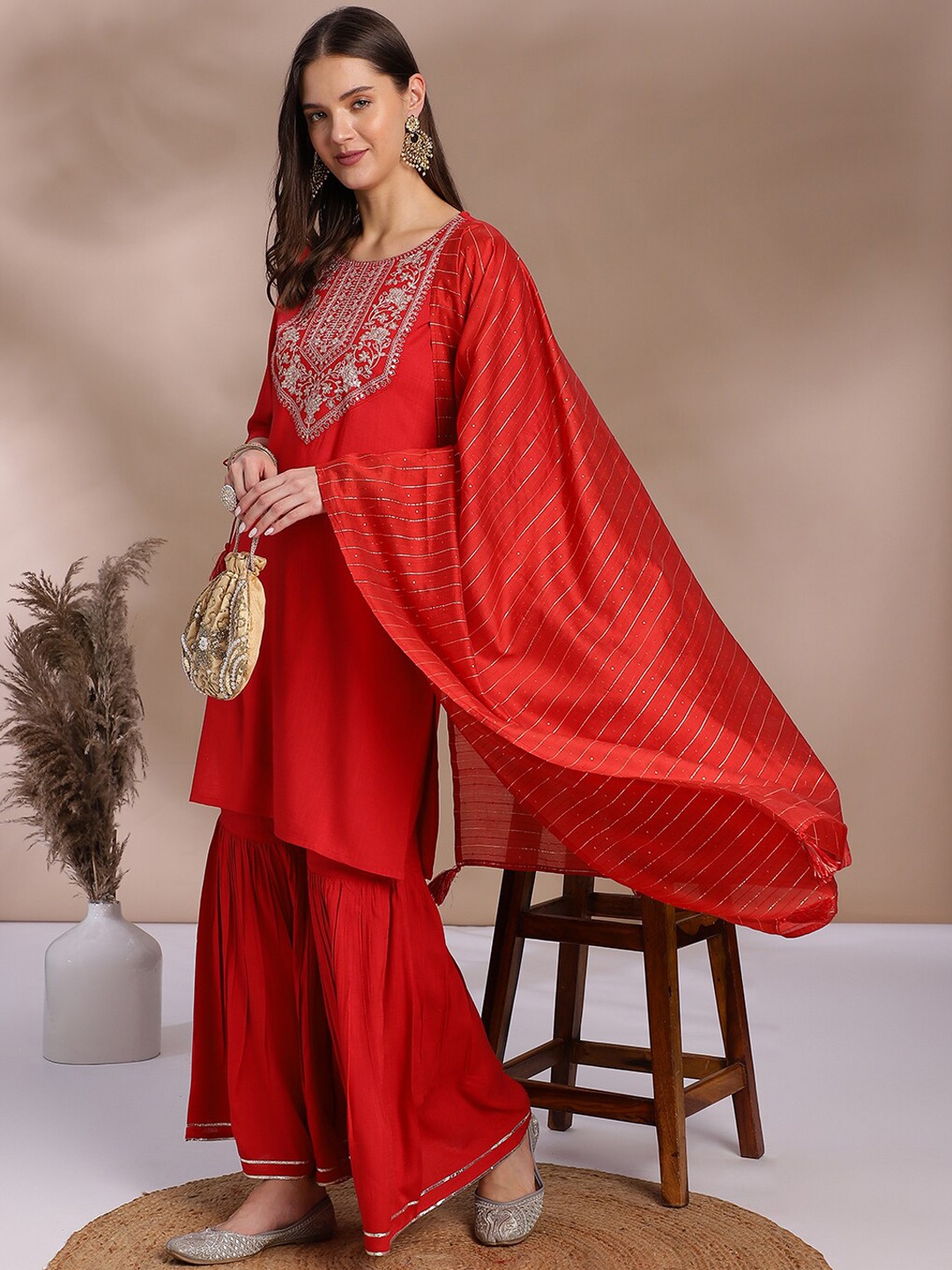 

Anouk Red Ethnic Motifs Yoke Design Regular Thread Work Kurta With Sharara & Dupatta