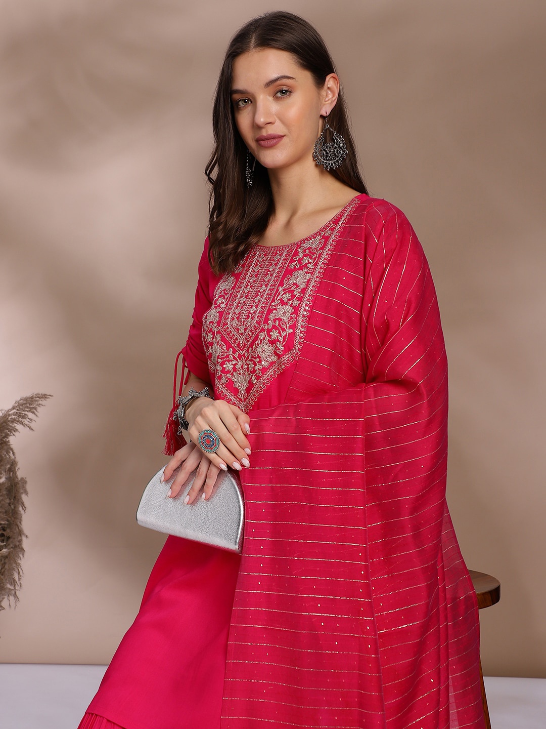 

Anouk Pink Ethnic Motifs Yoke Design Regular Thread Work Kurta With Sharara & Dupatta