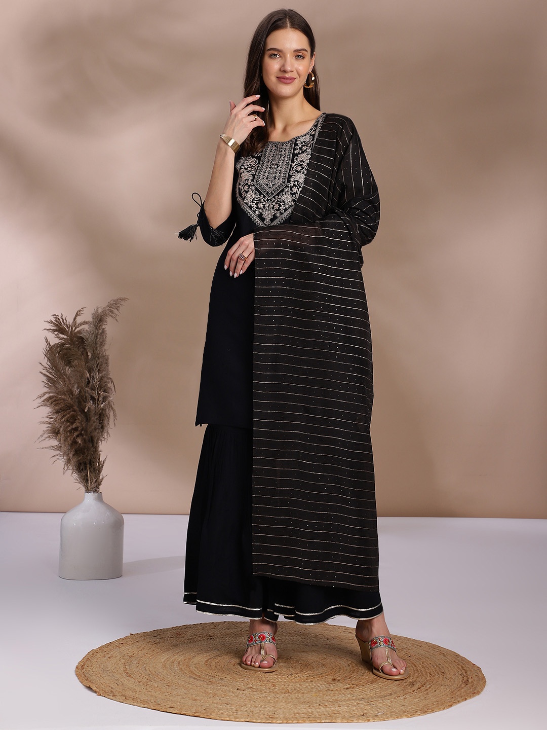 

Anouk Black Yoke Design Thread Work Sequined Gotta Patti Kurta with Sharara & Dupatta