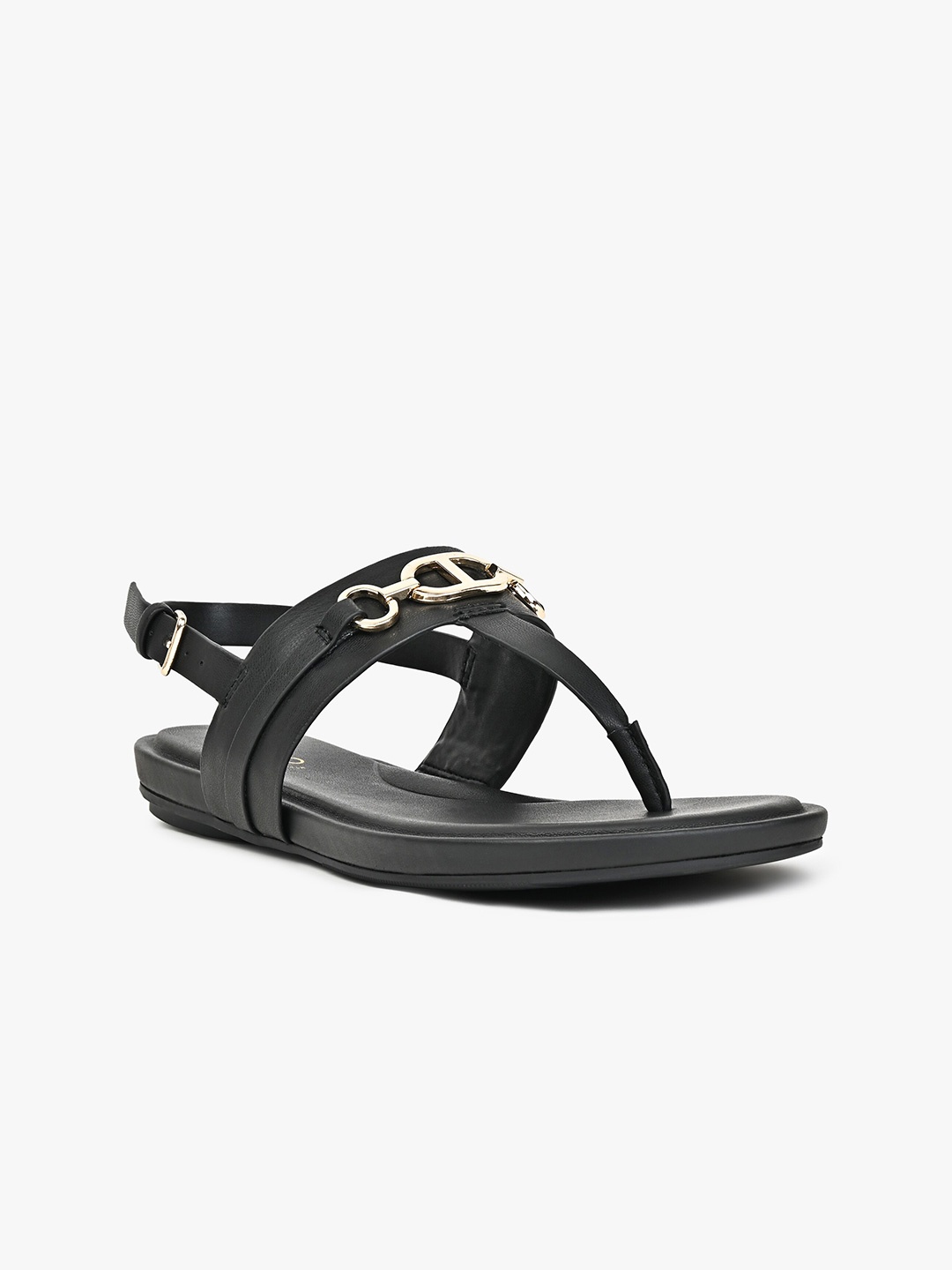 

ALDO Buckle Detail Open Toe T-Straps Flats, Black