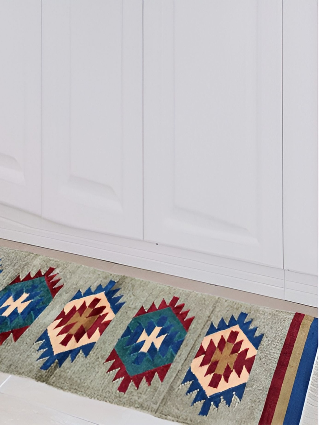 

Budhrajrugs Grey & Blue Geometric Printed Reversible Dhurrie