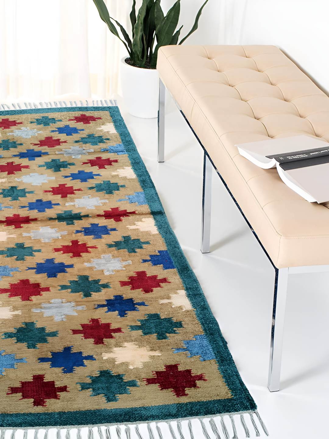 

Budhrajrugs Beige & Blue Geometric Printed Rectangular Reversible Dhurrie