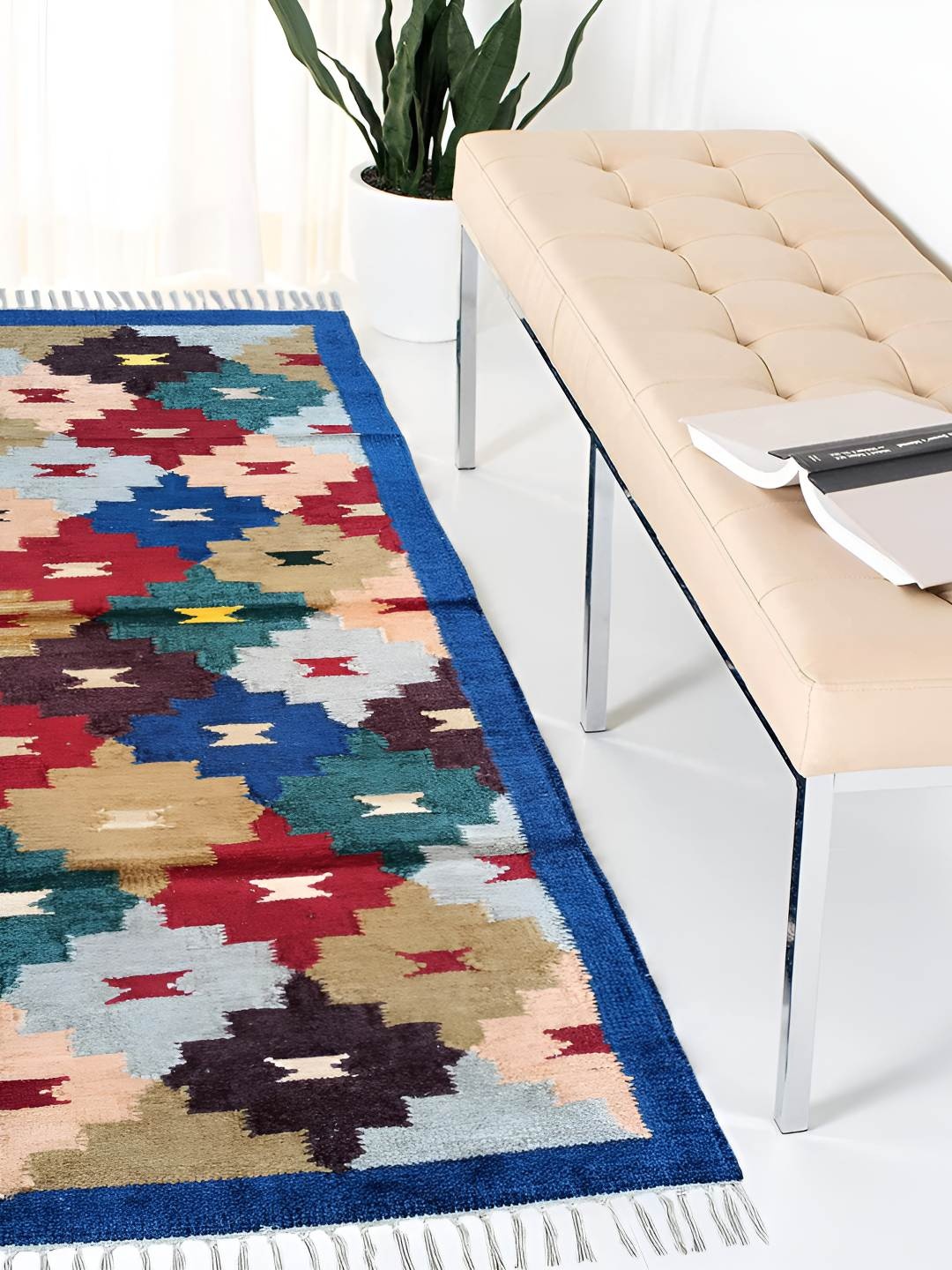 

Budhrajrugs Blue & Grey Geometric Reversible Dhurrie