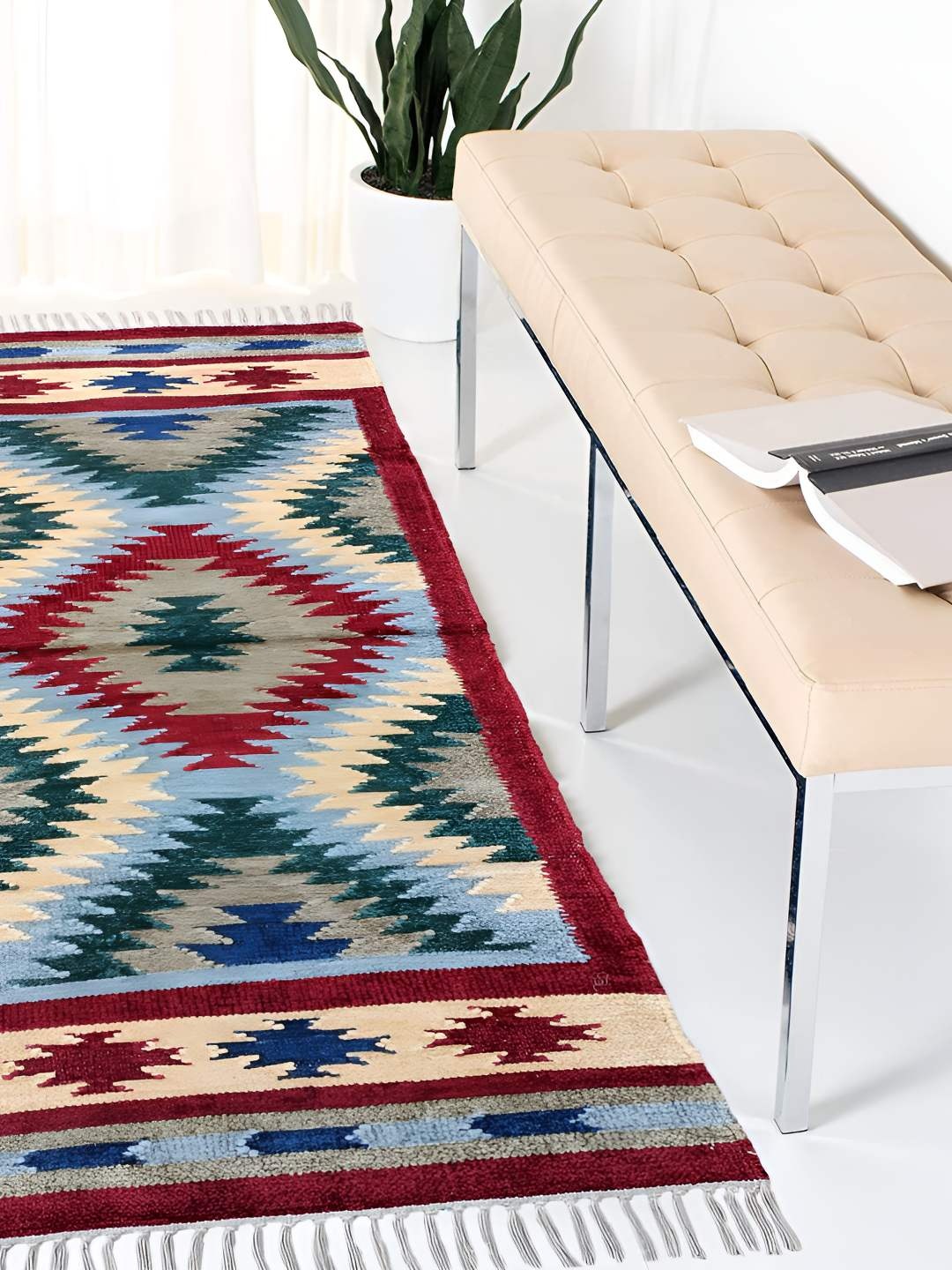 

Budhrajrugs Blue & Red Geometric Printed Reversible Dhurrie