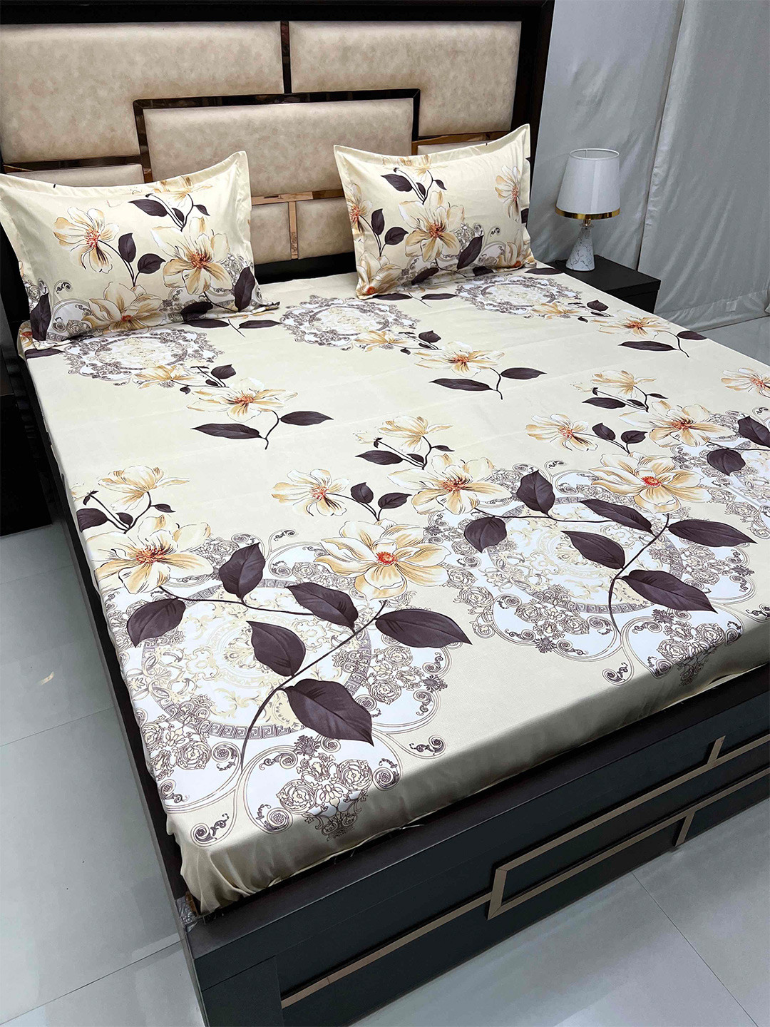 

Pure Decor Cream-Coloured Floral Printed Fitted 160 TC King Bedsheet With 2 Pillow Covers