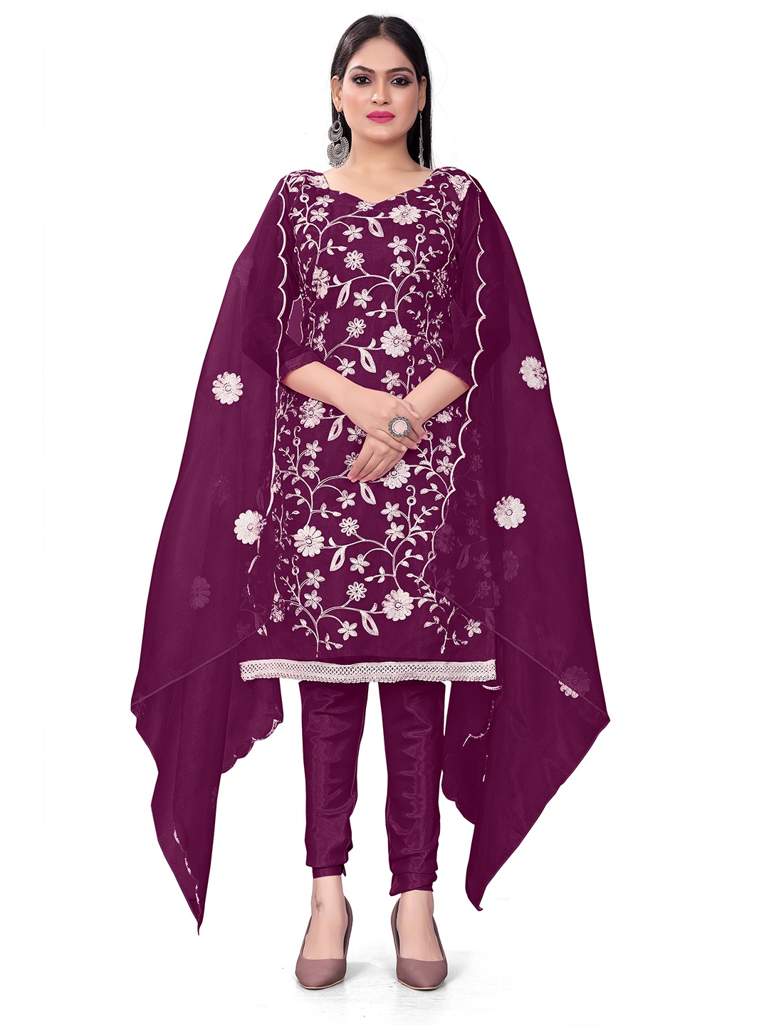 

KALINI Floral Embroidered Thread Work Detailed Organza Unstitched Dress Material, Burgundy