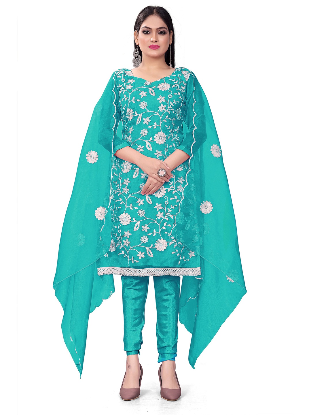 

KALINI Floral Embroidered Thread Work Detailed Organza Unstitched Dress Material, Turquoise blue