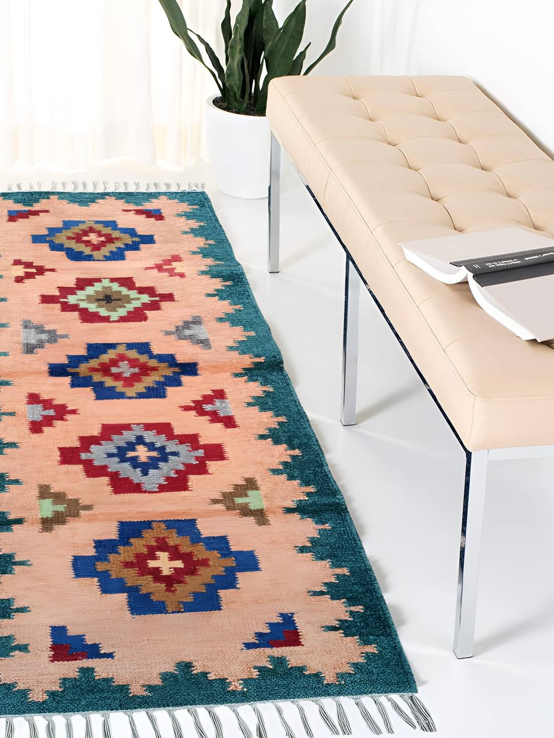 

Budhrajrugs Beige & Green Geometric Printed Woven Rectangular Dhurrie