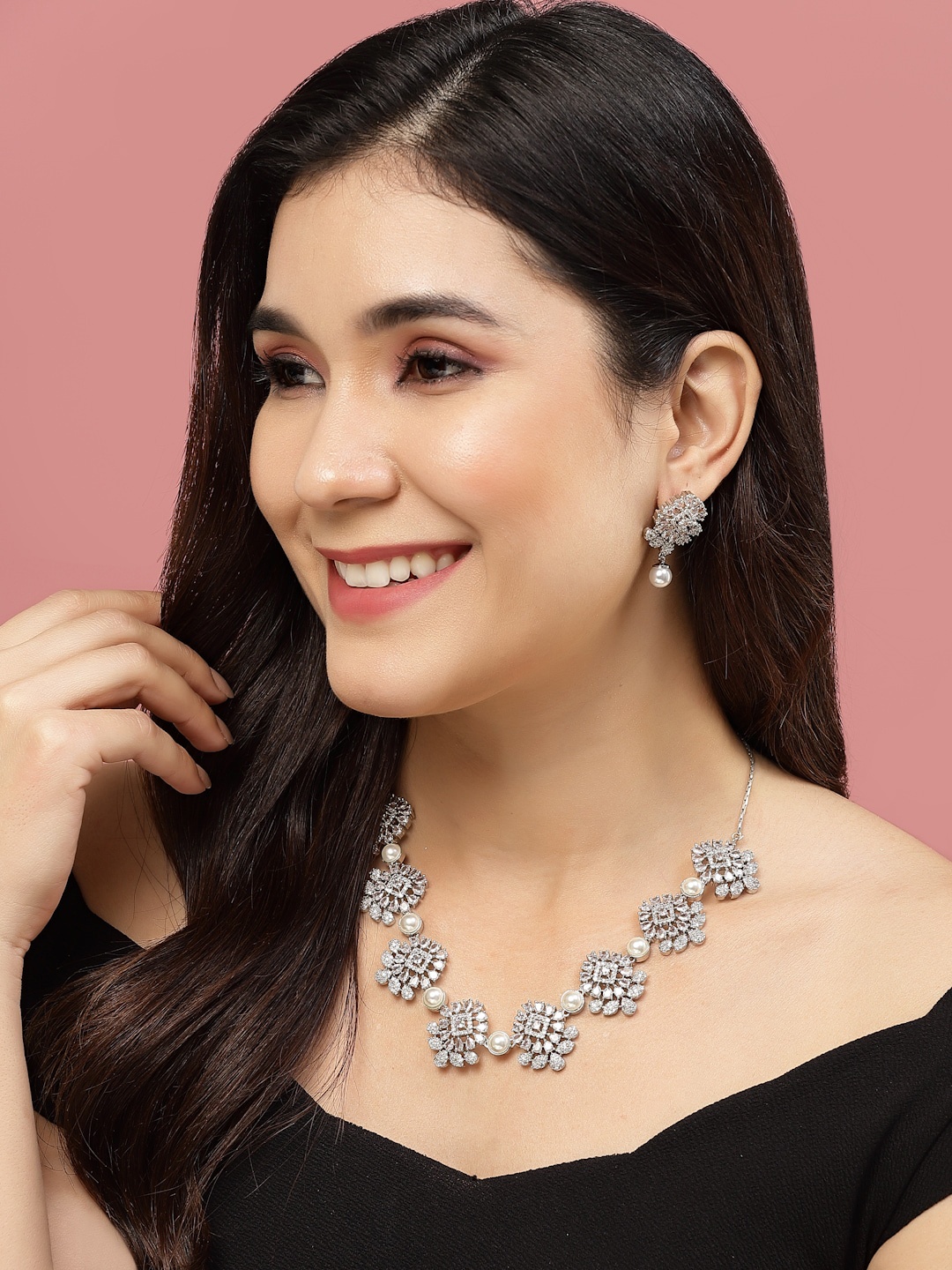 

PANASH Silver-Plated Stone Studded Jewellery Set