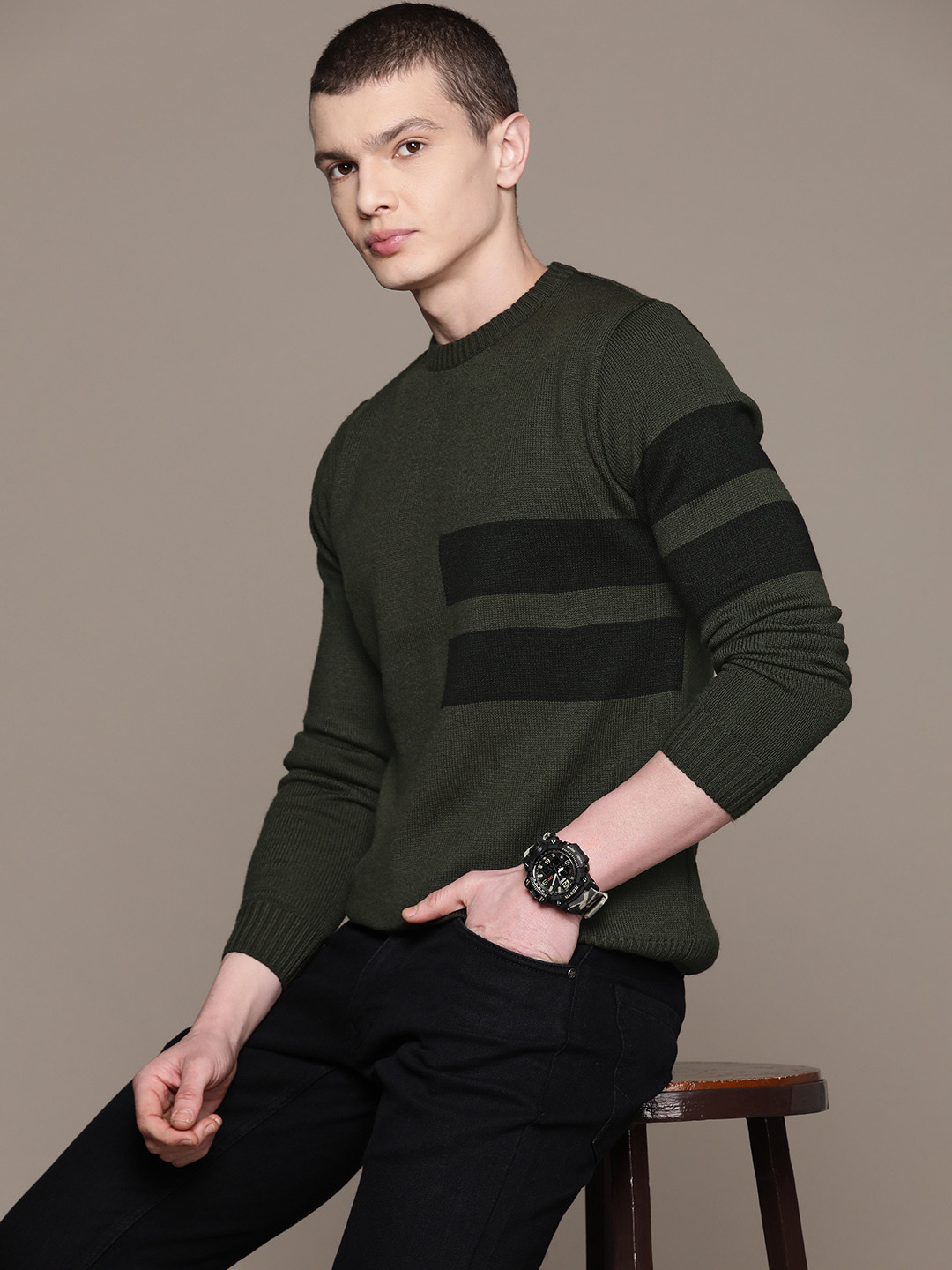 

Roadster Men Striped Acrylic Pullover, Olive