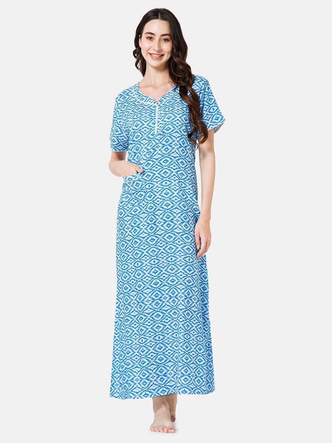 

NAIDU HALL Ethnic Motifs Printed Everyday Maxi Nightdress, Blue
