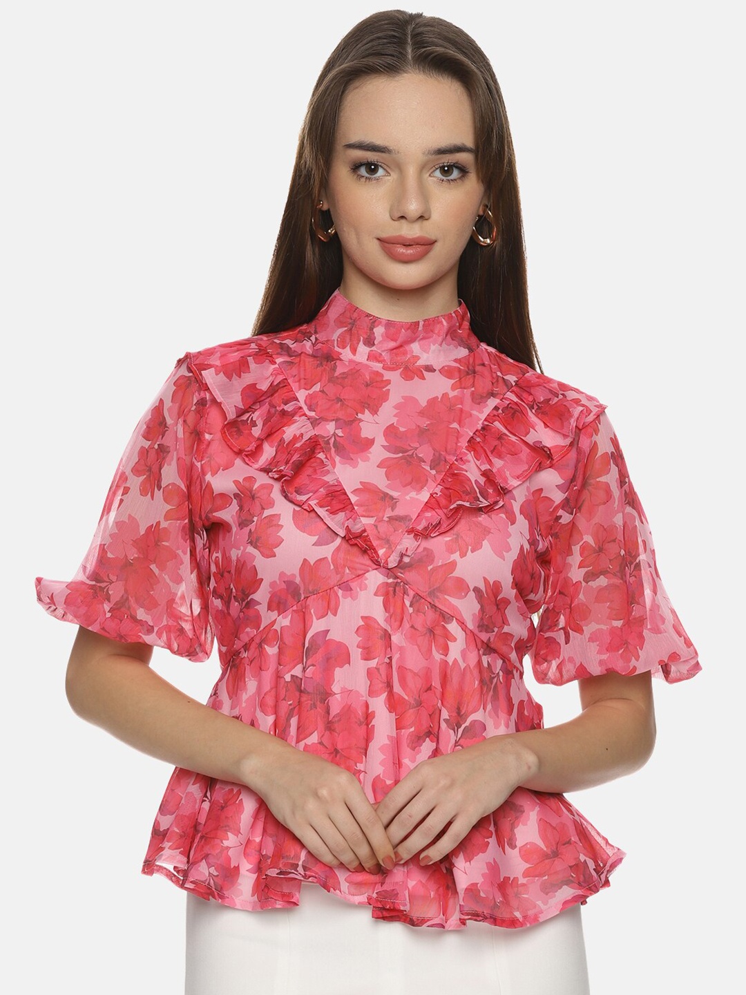 ISU Floral Printed High Neck Chiffon Top, Pink