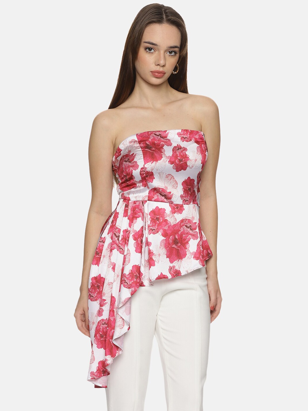 

ISU Floral Printed Strapless Satin Top, White