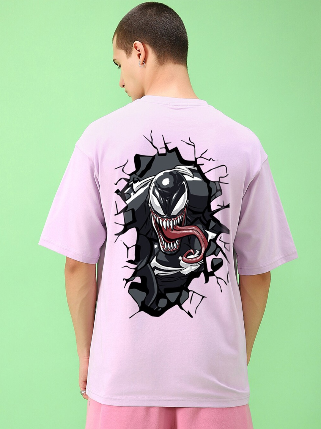 

Bewakoof Lavender Venom Street Printed Drop Shoulder-Sleeves Pure Cotton Oversized T-shirt