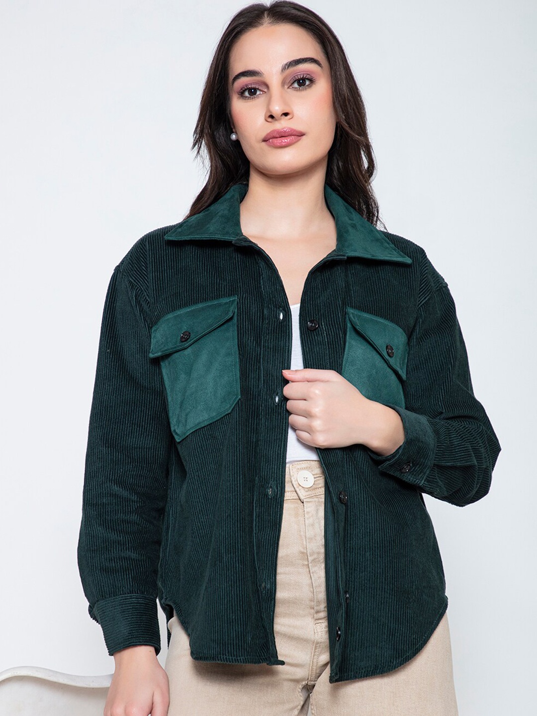

Lounge Dreams Corduroy Comfort Spread Collar Shacket, Green