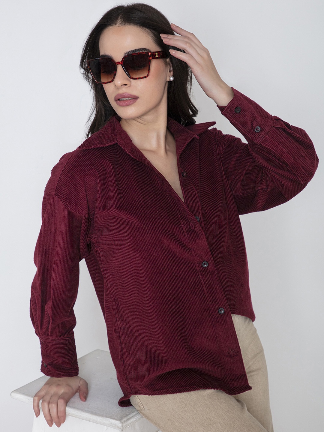 

Lounge Dreams Comfort Oversized Fit Drop-Shoulder Sleeves Corduroy Casual Shirt, Maroon