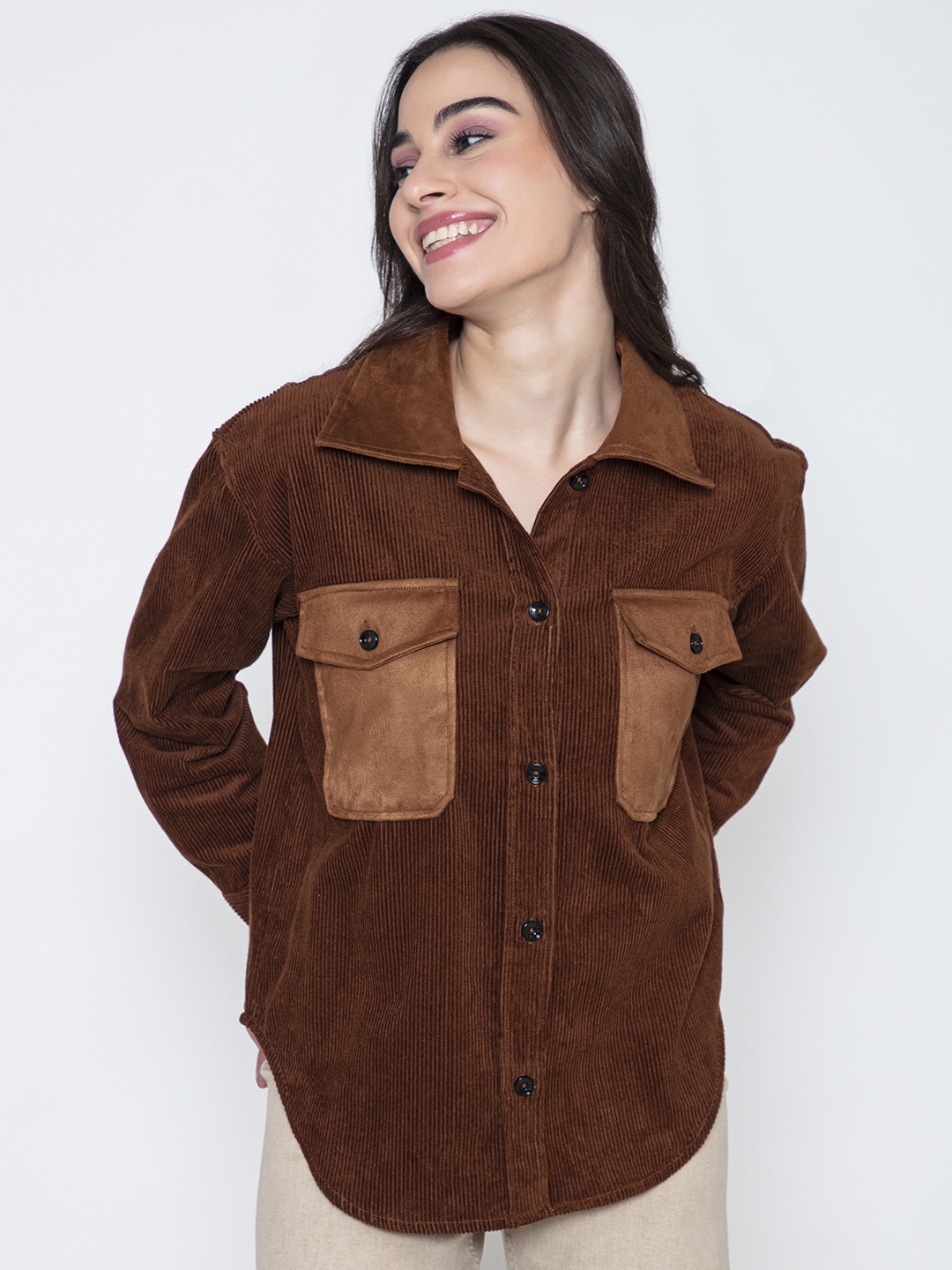 

Lounge Dreams Comfort Fit Casual Corduroy Oversized Shacket, Brown