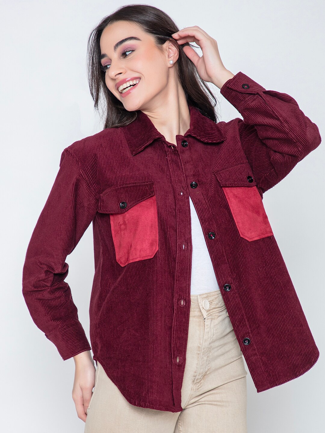 

Lounge Dreams Comfort Oversized Fit Drop-Shoulder Sleeves Corduroy Casual Shacket, Maroon