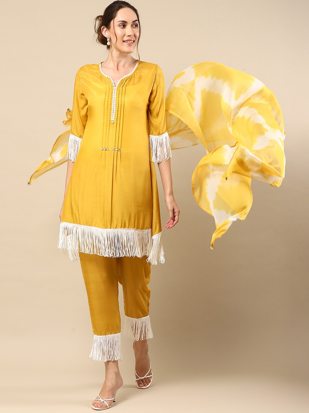 

NH KAPDEWALA Regular Kurta With Trousers & Dupatta, Yellow