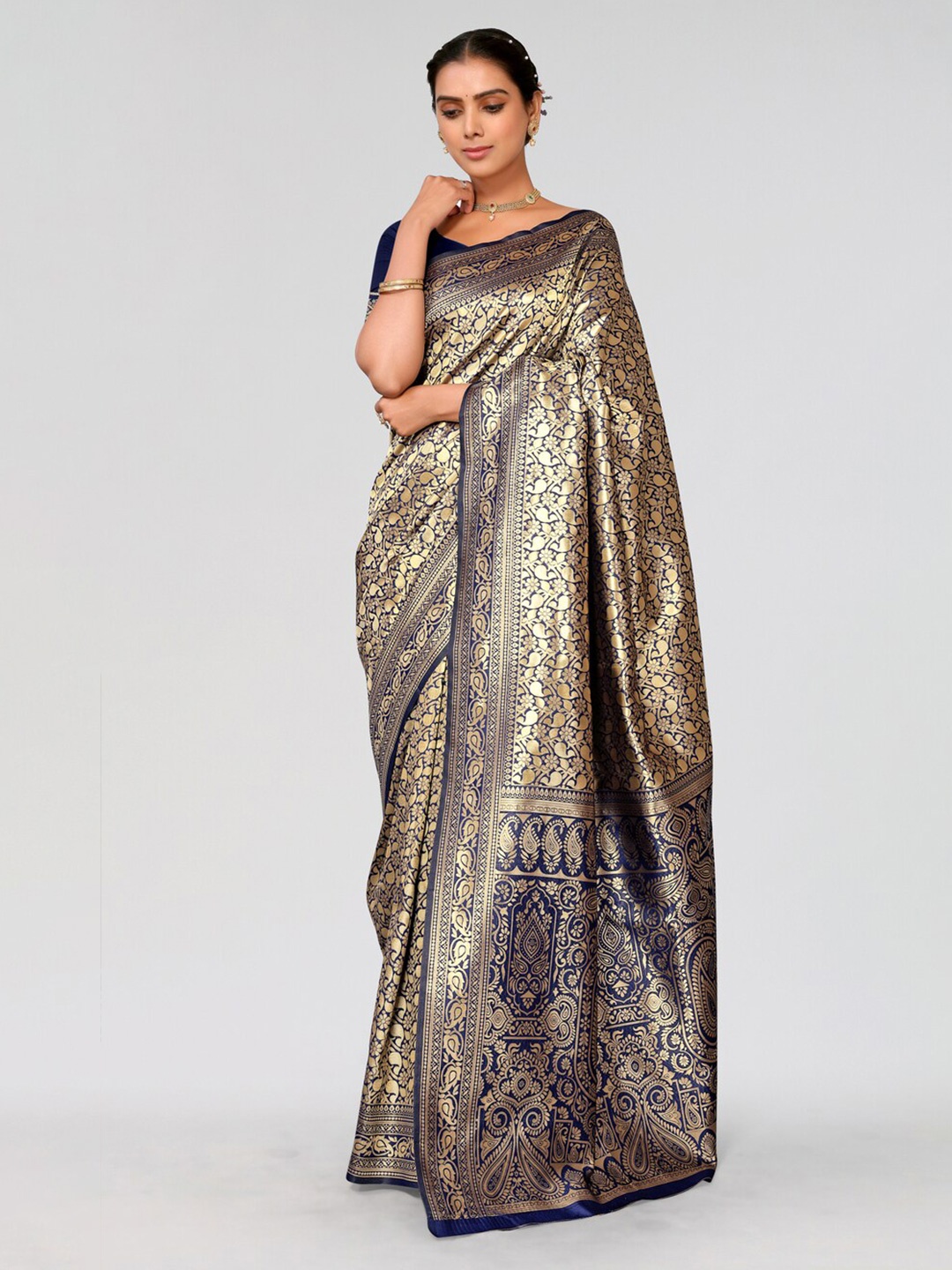 

AA-HA!! Woven Design Zari Silk Blend Banarasi Saree, Navy blue