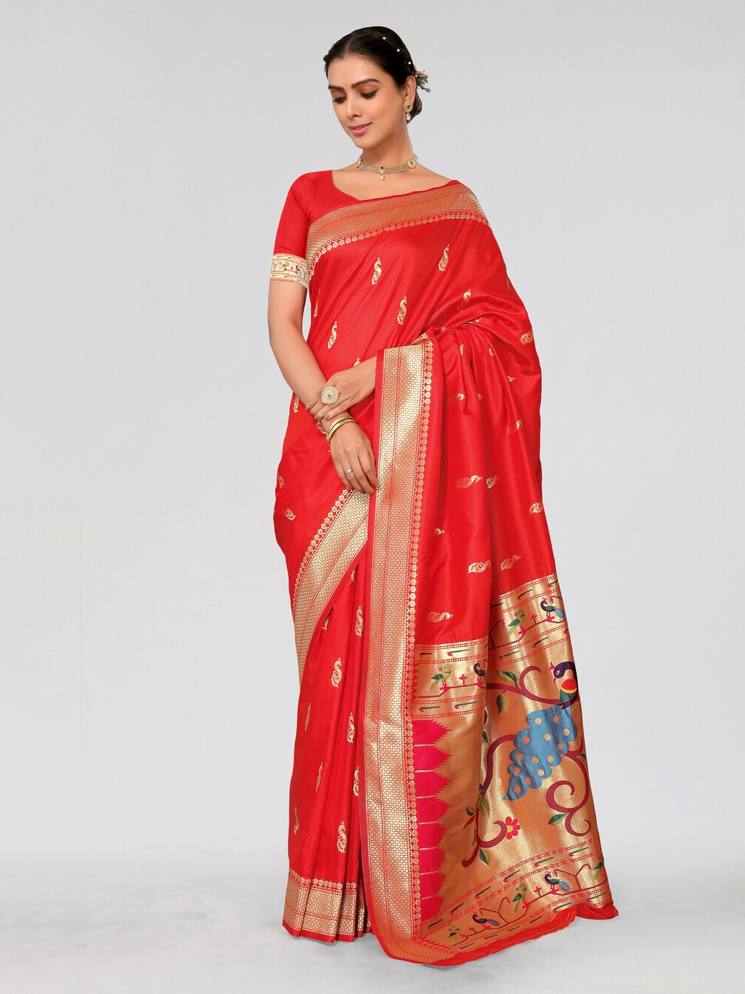 

AA-HA!! Woven Design Zari Silk Blend Designer Paithani Saree, Red