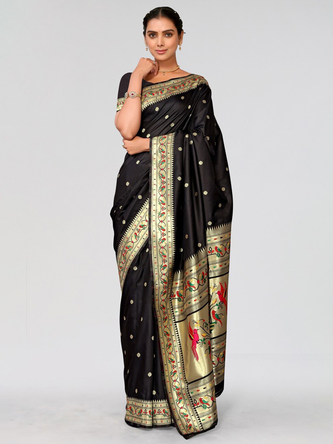 

AA-HA!! Ethnic Woven Design Zari Silk Blend Designer Paithani Saree, Black