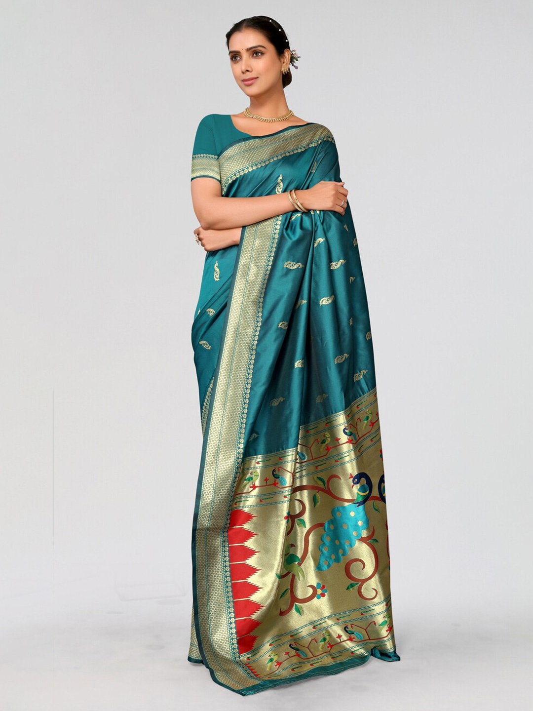 

AA-HA!! Ethnic Motifs Woven Design Zari Paithani Saree, Teal