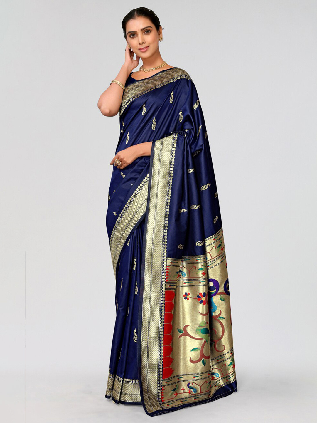 

AA-HA!! Woven Design Ethnic Motifs Zari Silk Blend Designer Paithani Saree, Navy blue