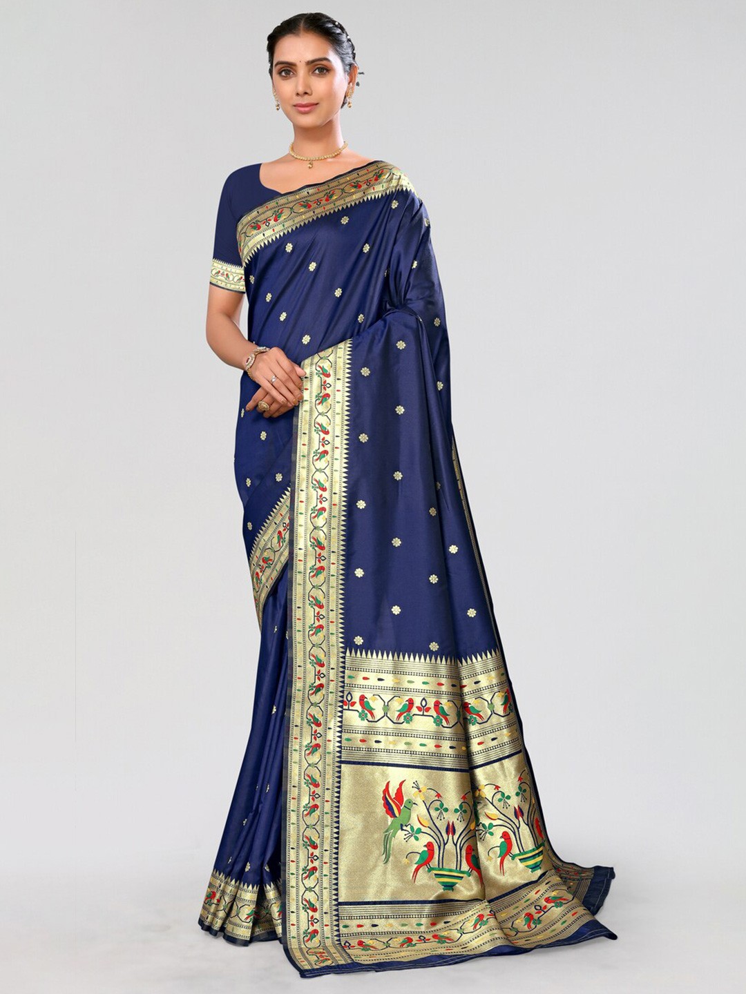 

AA-HA!! Woven Design Zari Silk Blend Designer Paithani Saree, Navy blue