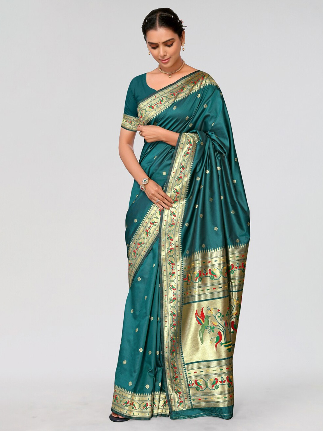 

AA-HA!! Woven Design Zari Silk Blend Designer Paithani Saree, Teal