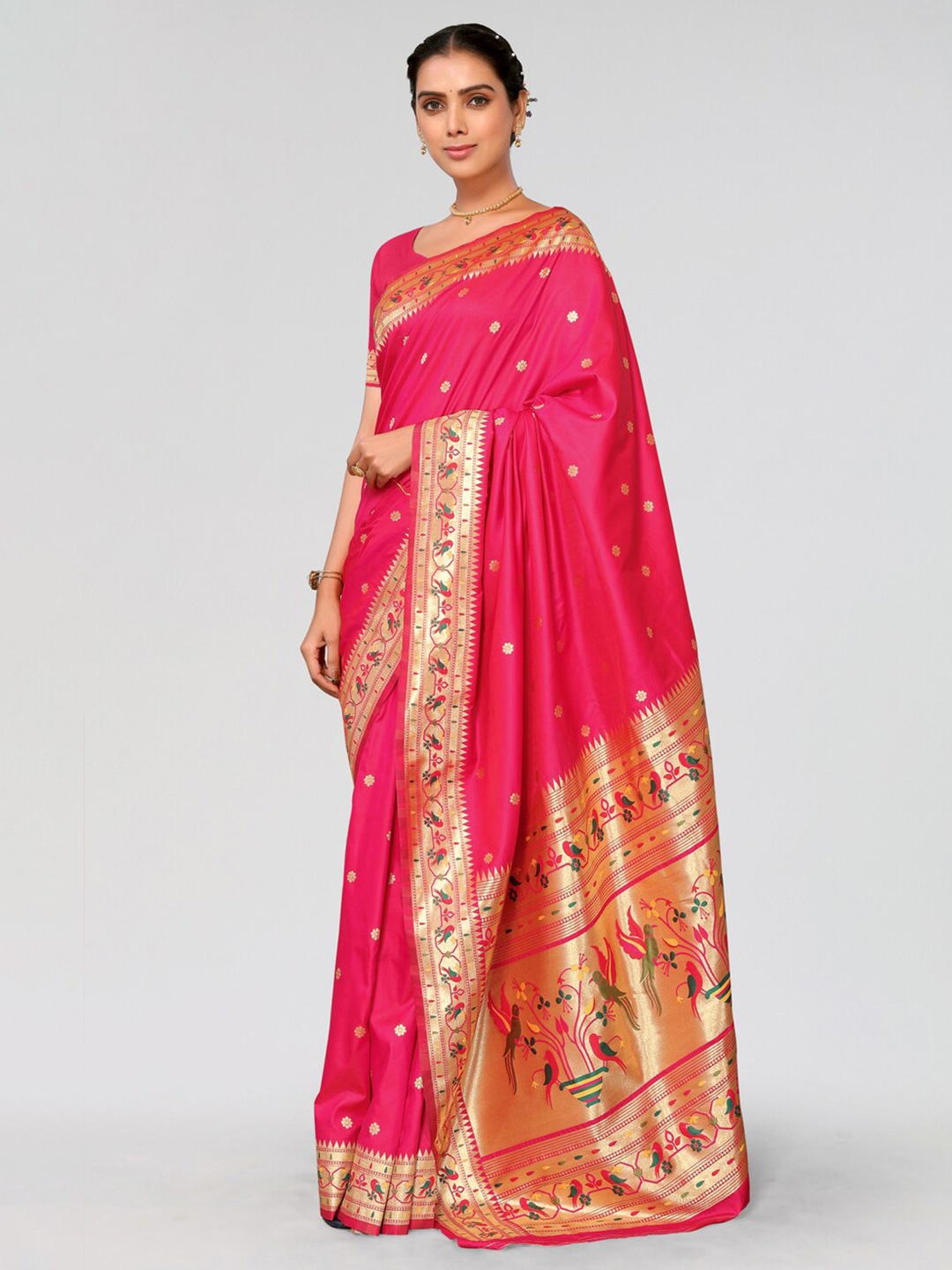 

AA-HA!! Woven Design Zari Silk Blend Designer Paithani Saree, Pink