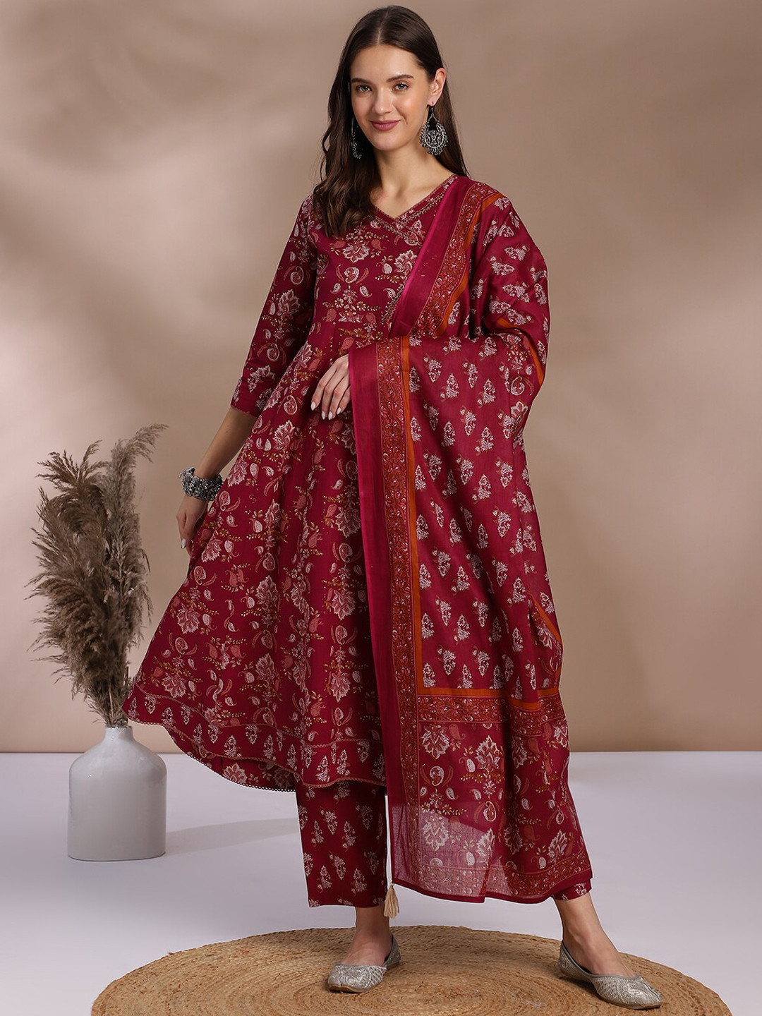 

KALINI Printed Beads Detail Angrakha Anarkali Pure Cotton Kurta with Trousers & Dupatta, Maroon