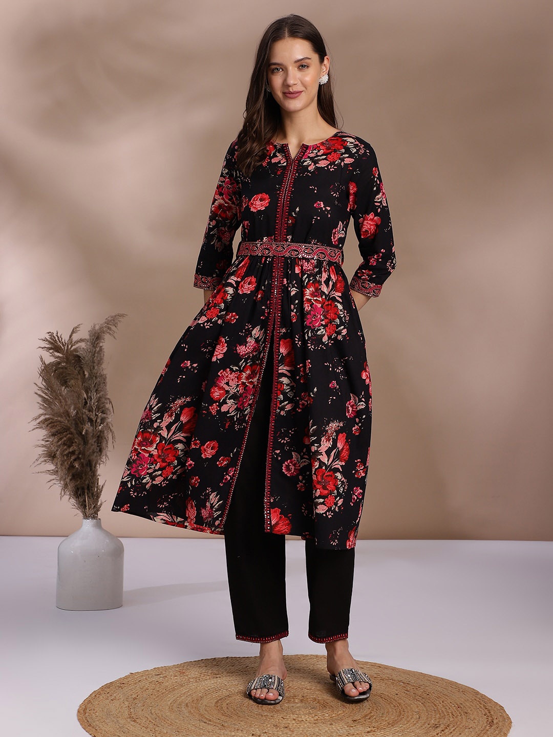 

KALINI Floral Printed Round Neck Regular Sequinned Pure Cotton Kurta With Trousers & Belt, Black