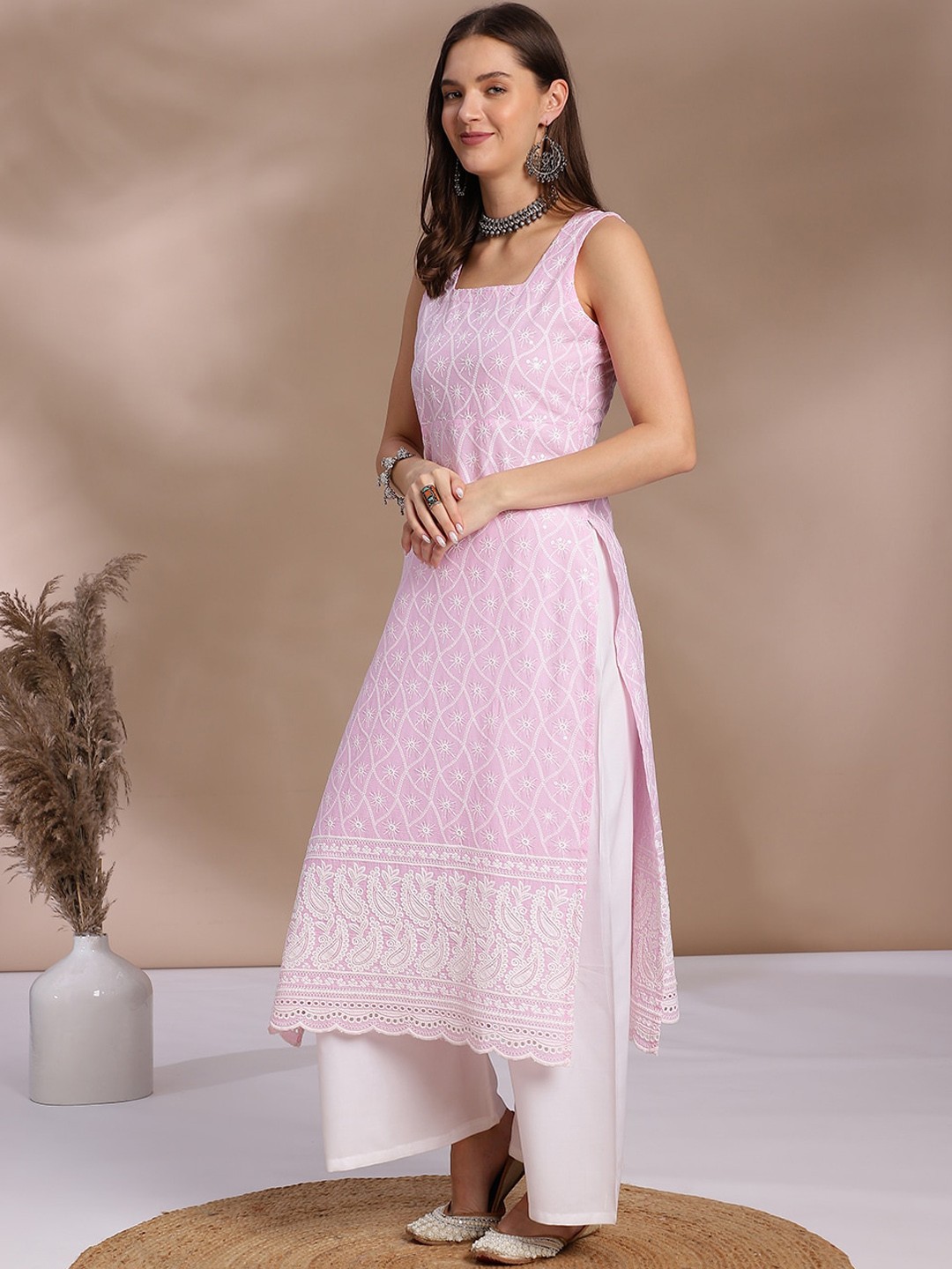 

KALINI Ethnic Motifs Embroidered Square Neck Chikankari Cotton Straight Kurta, Pink