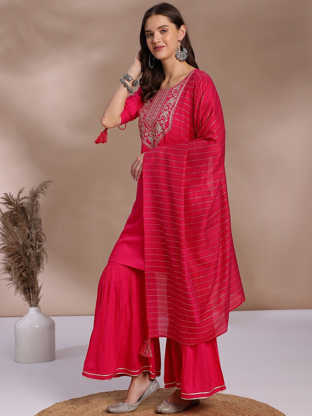 

KALINI Ethnic Motifs Yoke Design Thread Work Detail Straight Kurta & Sharara With Dupatta, Pink